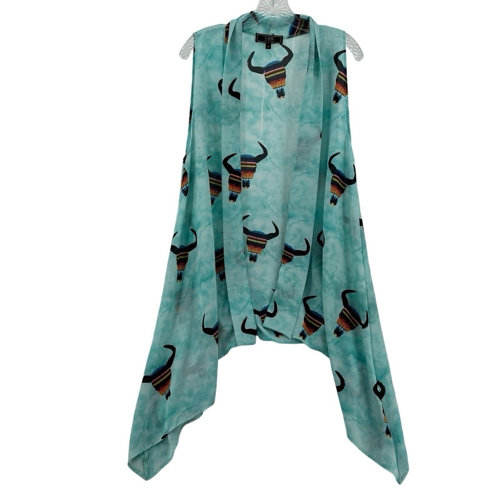 L&B Lucky & Blessed Women Sz M Turquoise Serape Steer Skull Vest LBVJV2 Cardigan